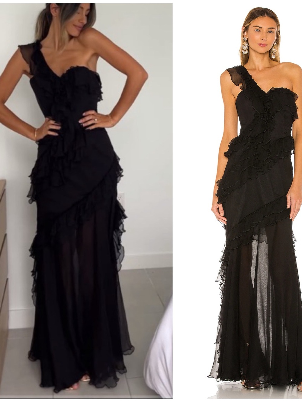 Amur Harlow Dress Gown Size 4 Silk Ruffle One-Shoulder Chiffon Maxi Black